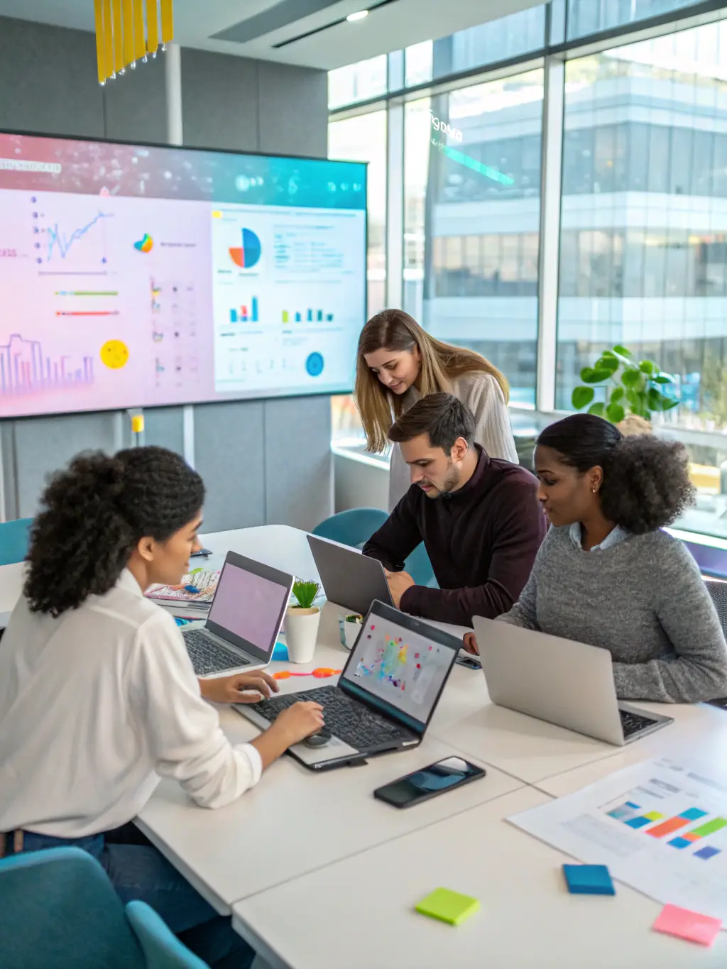 A diverse group of professionals collaborating on a project, using digital tools and engaging in active problem-solving during a productivity training session.