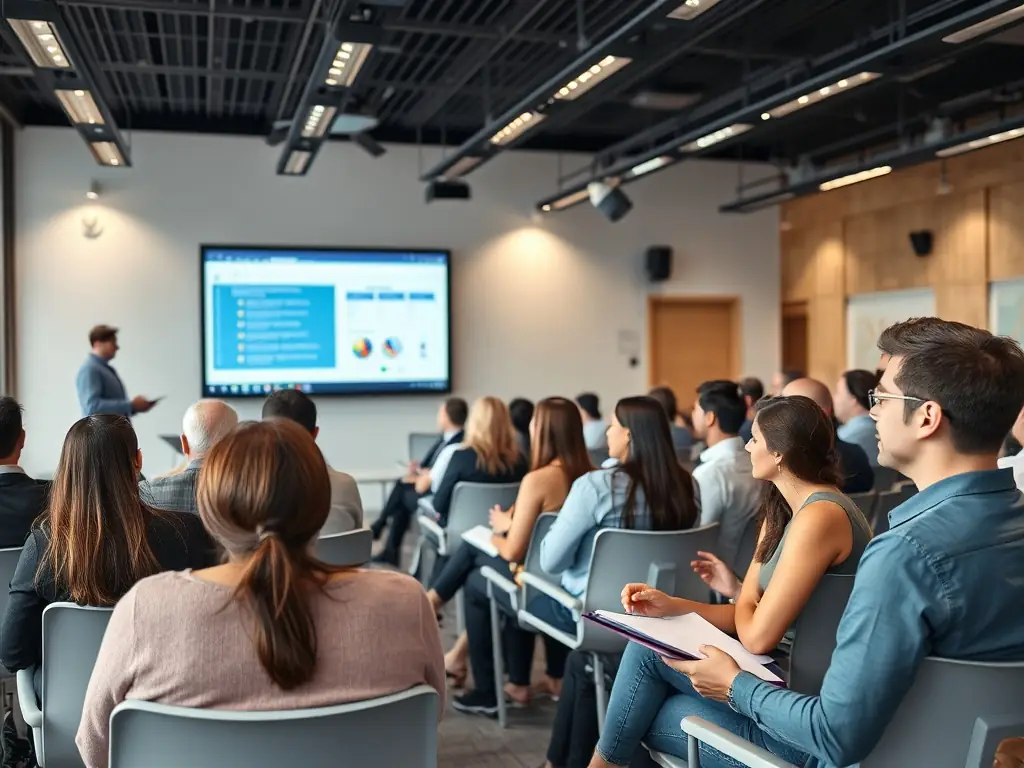 An image of a dynamic workshop session with engaged participants and a trainer facilitating discussions, showcasing the interactive and collaborative nature of the Business Training Workshops.