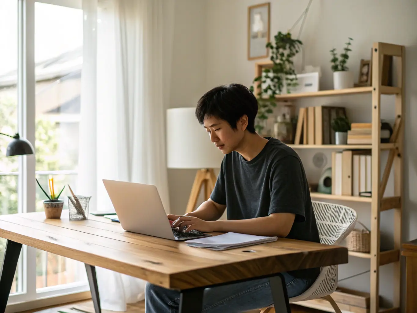 A person is reading a book about business strategy in a modern office setting.