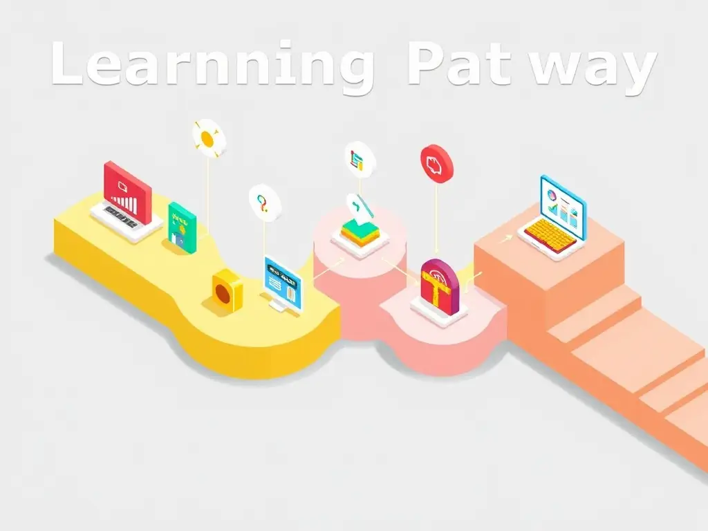 A visual diagram illustrating a step-by-step learning journey with icons representing different modules, representing the structured approach of Learning Paths for Skill Development.