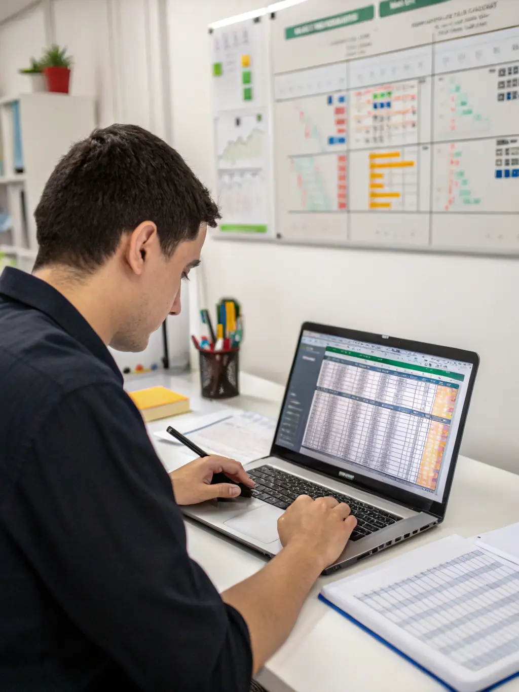 A person working on a laptop, focusing on data analysis and reporting, with a clean and organized workspace.