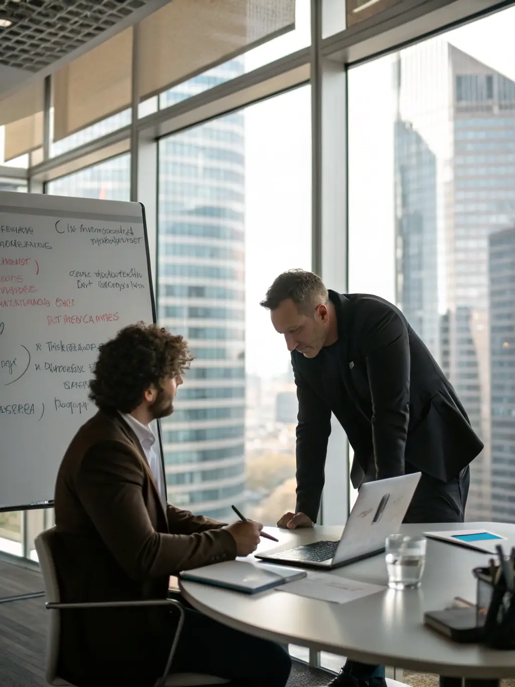 A professional business coach leading a workshop session, guiding participants through a strategic planning exercise with whiteboards and interactive discussions.